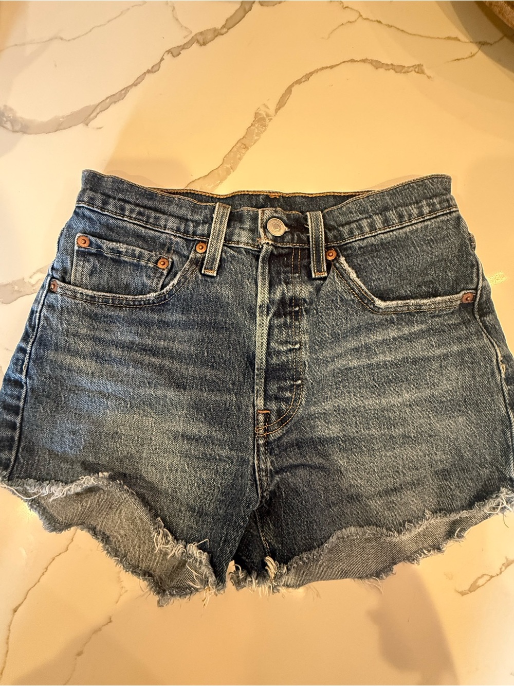 Levi 501 Button fly Raw Hem Denim Shorts - Blue size 26